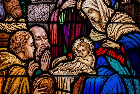 Stained glass depicting the birth of Jesus Christ, seen Wednesday, Oct. 27, 2021, at Immanuel Lutheran Church, Seymour, Ind. LCMS Communications/Erik M. Lunsford